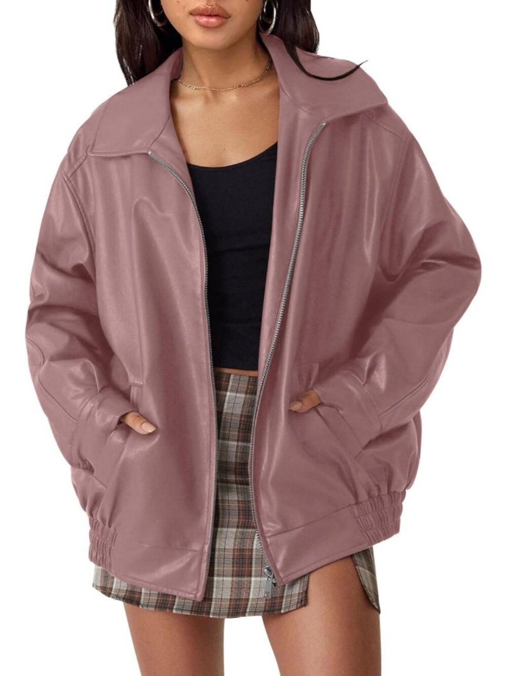 Women's Dark Pink Oversized Faux Leather Fall Winter Biker Moto Bomber Jacket